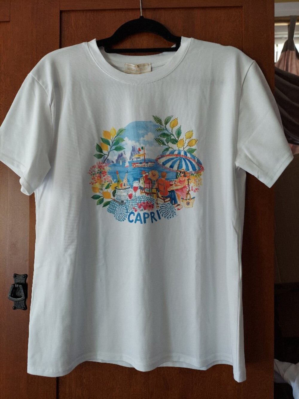 NWT Adele Altman Rome White Short Sleeve T-Shirt Embellished Design One Size